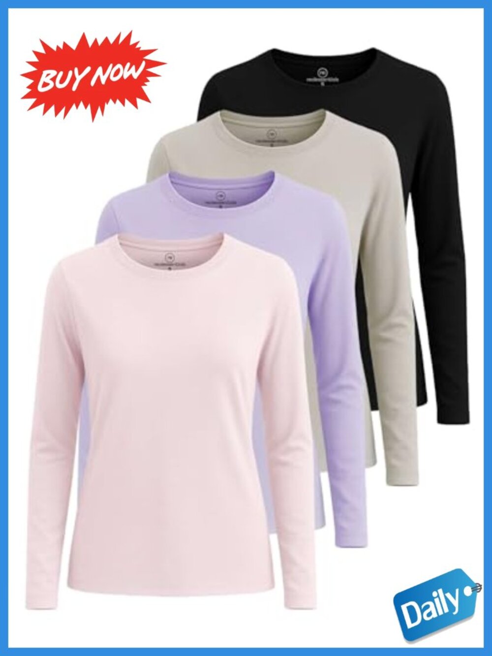 Women's Cotton Blend Long Sleeve Crewneck T-Shirts 4 Pack Workout Tops